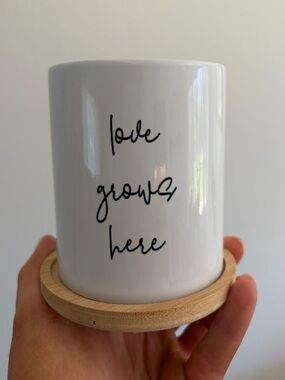 White Ceramic Planter with 'love grows here' Script